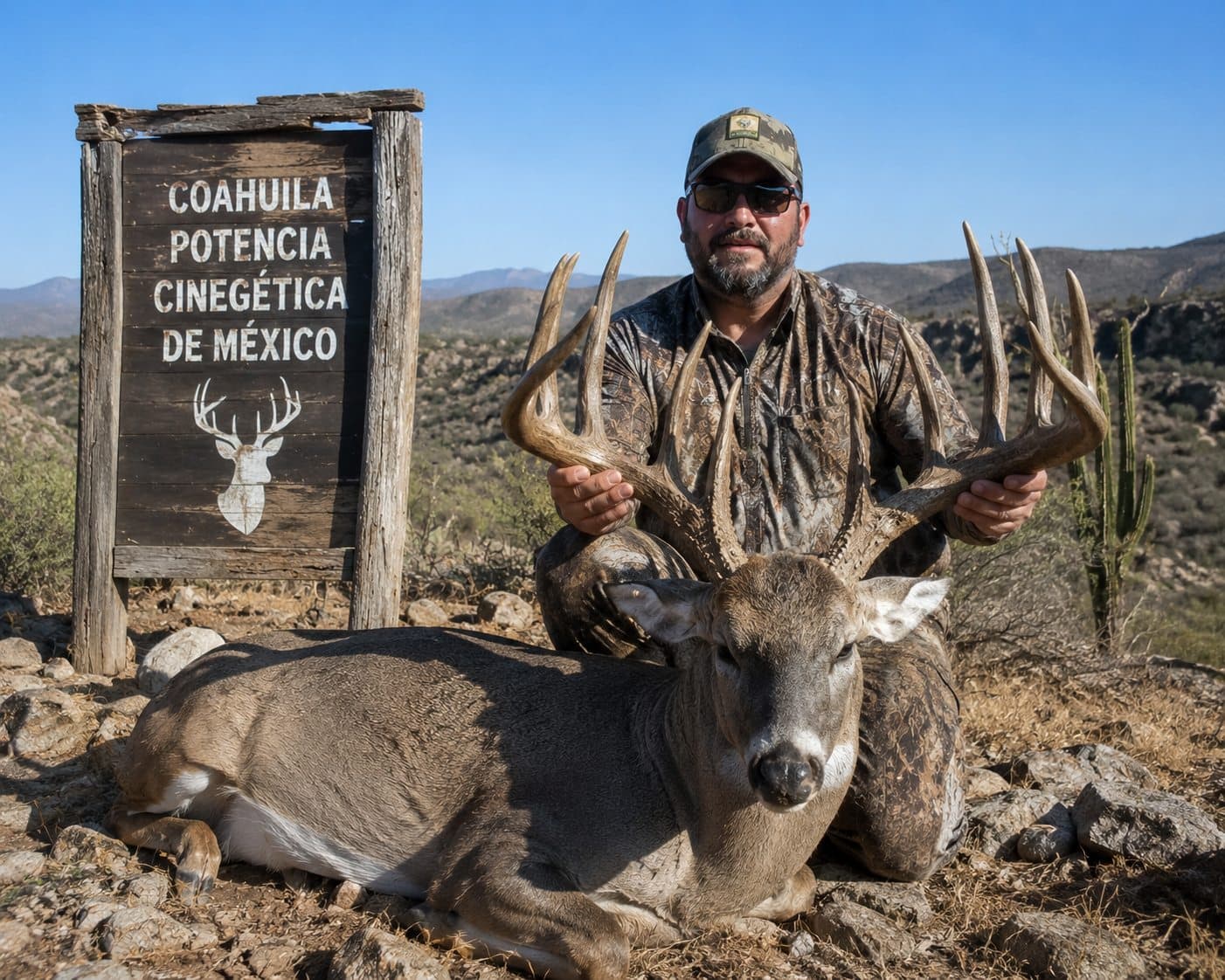 Cazador con venado cola blanca junto a letrero de Coahuila como potencia cinegetica