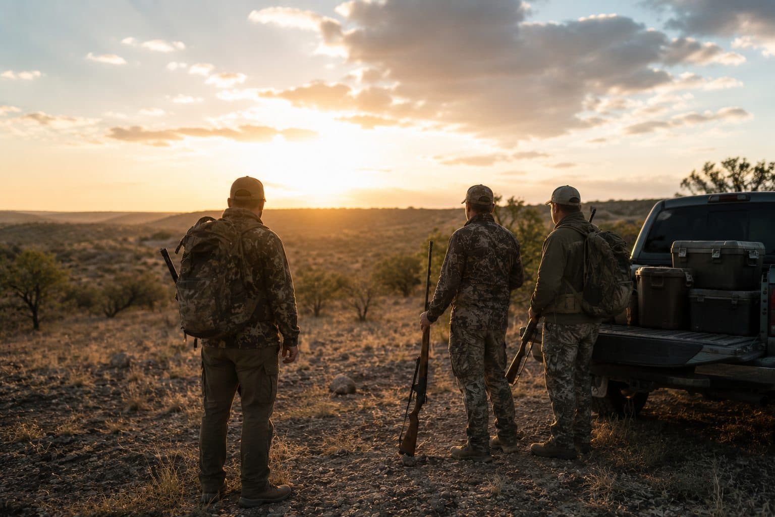 Grupo de cazadores en campo al atardecer durante actividad cinegetica