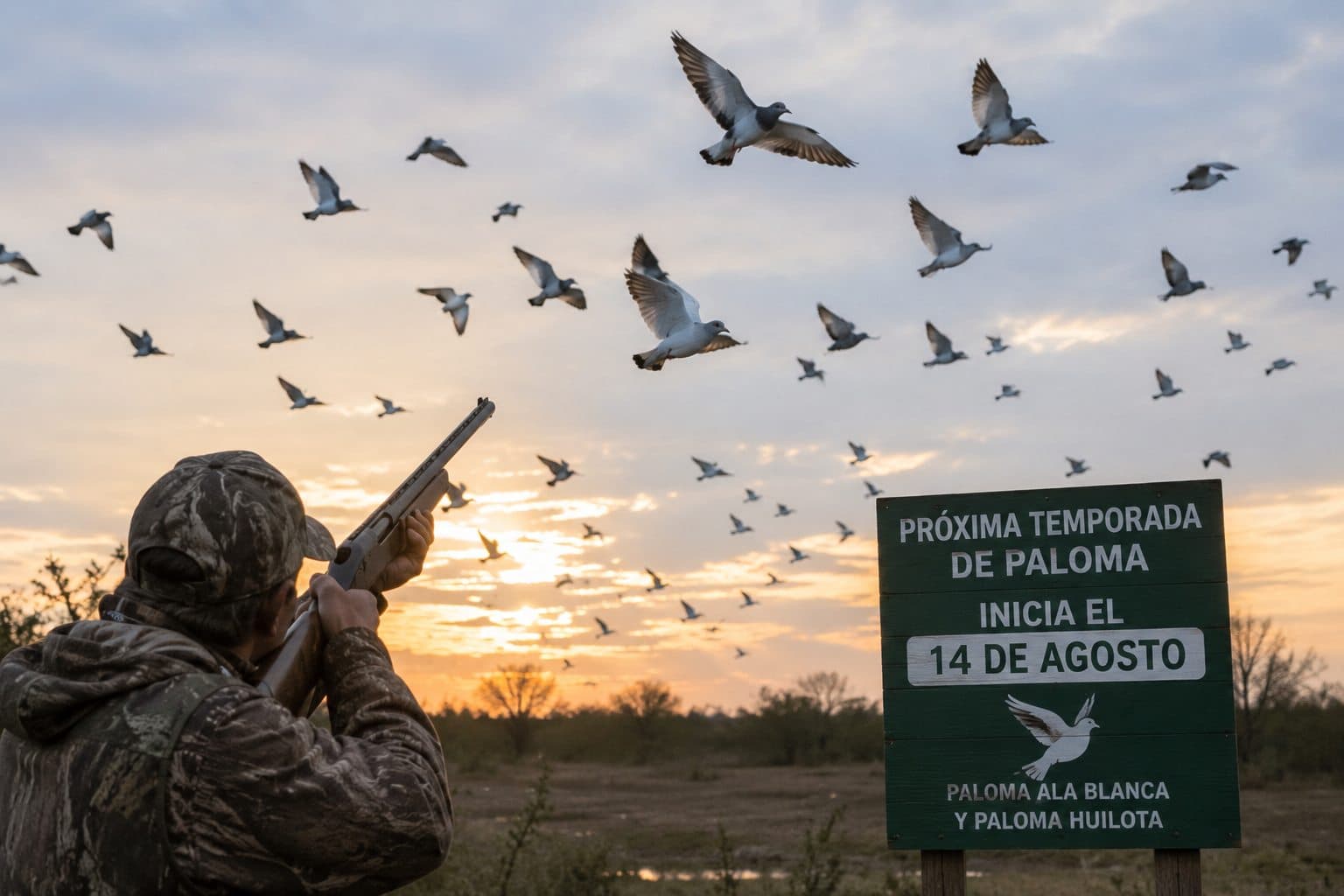 Cazador observa vuelo de palomas durante temporada de paloma ala blanca
